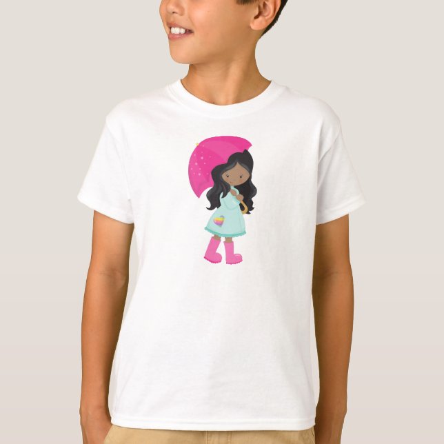 African American Girl, Rain, Rainrock, Umbrella T Shirt (Framsida)