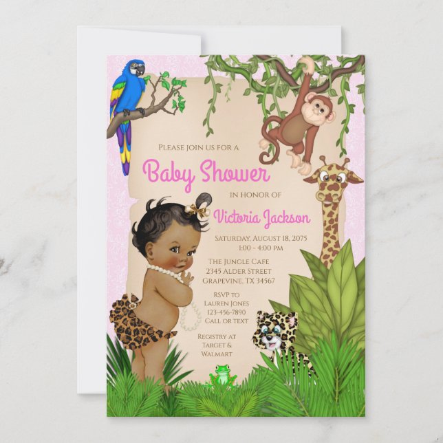 African American Girl Safari Animal Baby Shower Inbjudningar (Framsida)