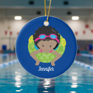 African American Girl Simma Team Monogram Blue Julgransprydnad Keramik