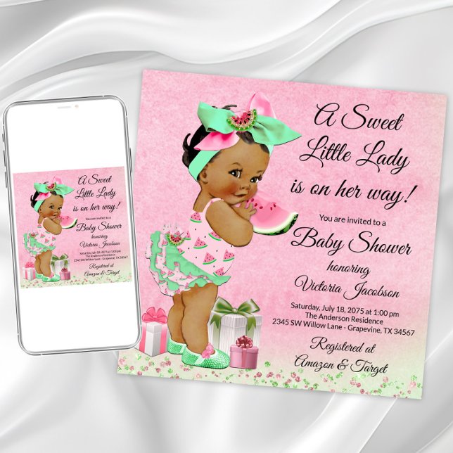 African American Girl Watermelon Baby Shower Inbjudningar (Cute watermelon baby shower invitation. Instant download and printed invitations available.)