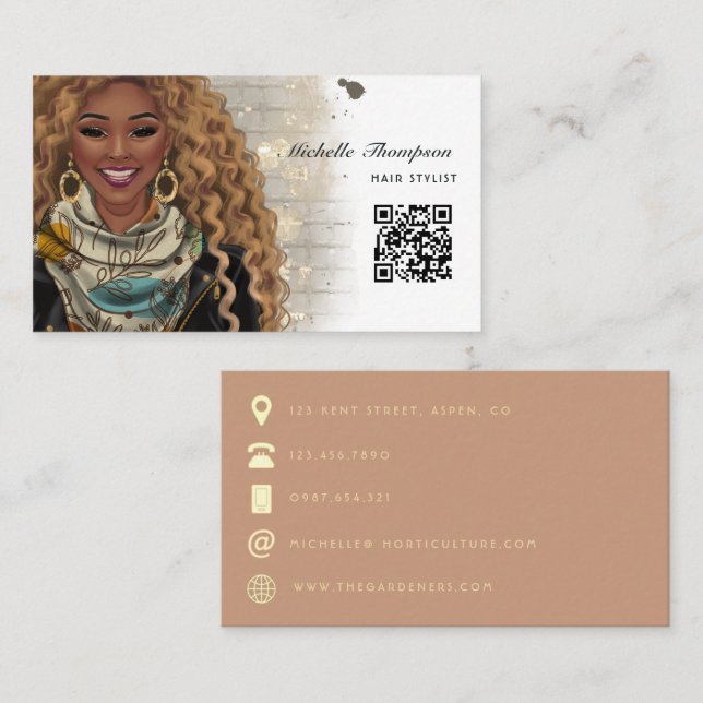 African American Hair Stylist QR-kod Visitkort (Fram/baksida)