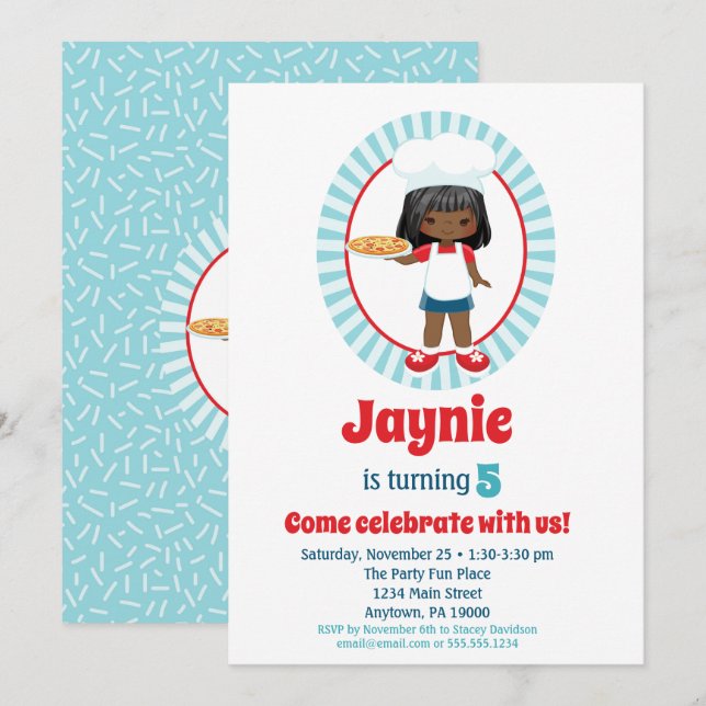 African American Pizza Party Girl - Pizza Birthday Inbjudningar (Fram/baksida)