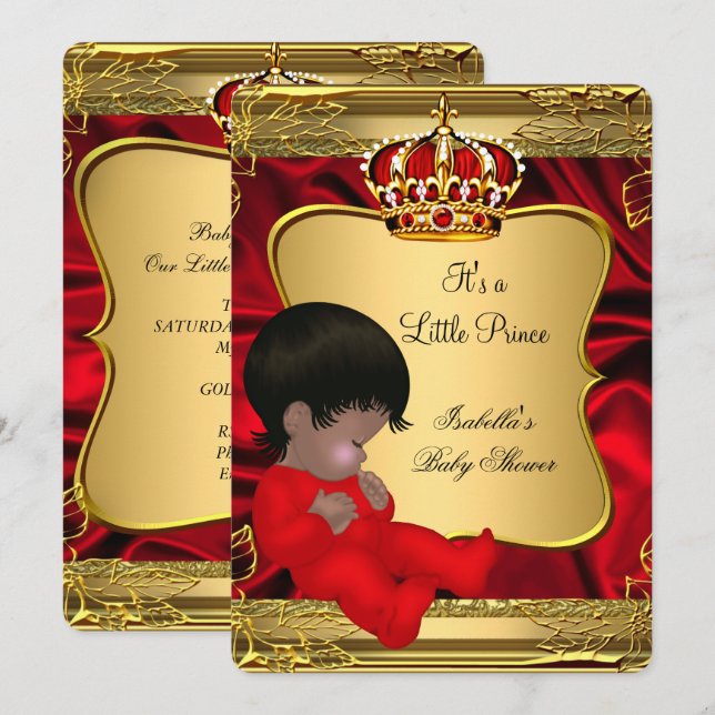 African American Prince Boy Baby Shower Red Guld Inbjudningar (Fram/baksida)