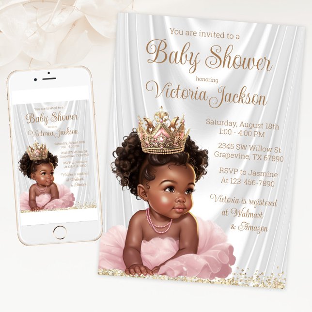 African American Princess Baby Shower Rosa Guld Inbjudningar (Blush pink gold princess baby shower invitation. Available for instant download and print.)