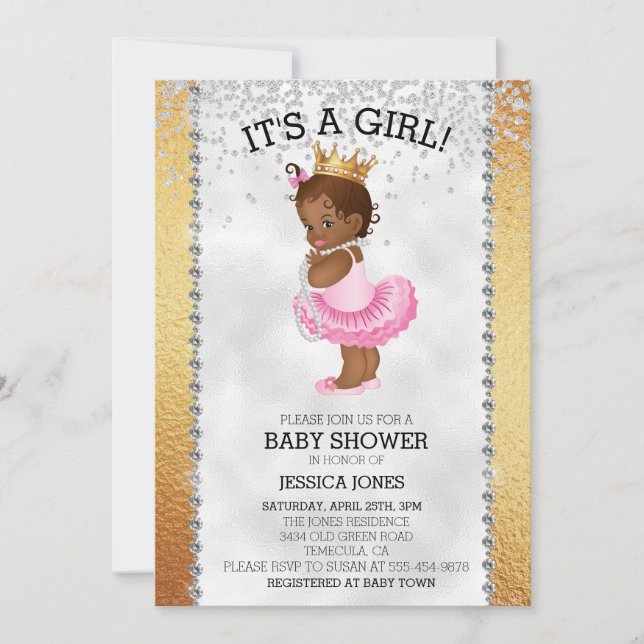 African American Princess Guld Diamond Baby Shower Inbjudningar (Framsida)