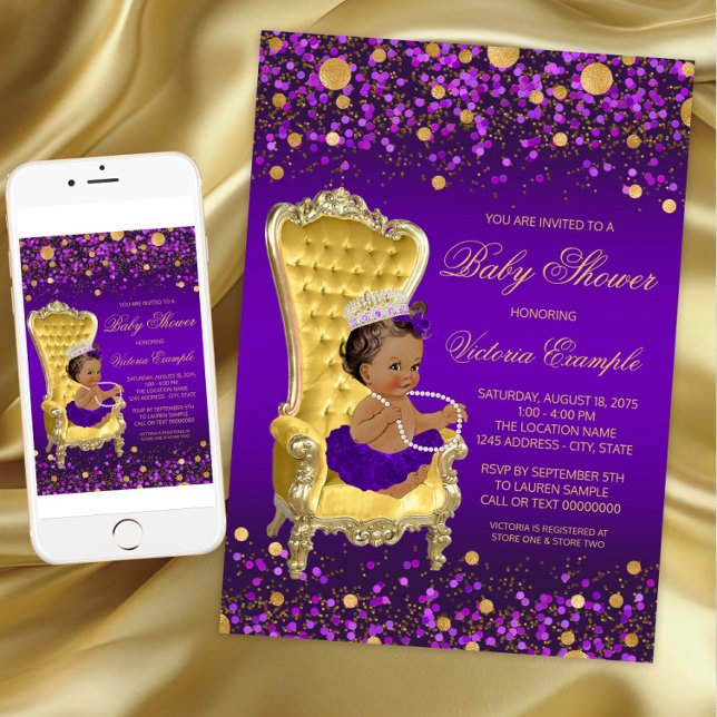 African American Princess Lila Guld Baby Shower Inbjudningar (Purple Gold Princess Baby Shower Invitation. Instant download and printed invitations available.)
