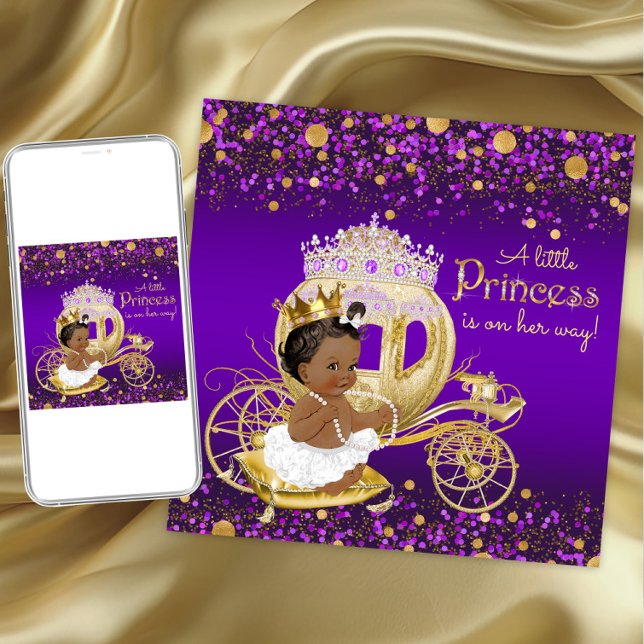 African American Princess Lila Guld Baby Shower Inbjudningar (Purple gold princess baby shower invitation. Instant download and printed invitations available.)