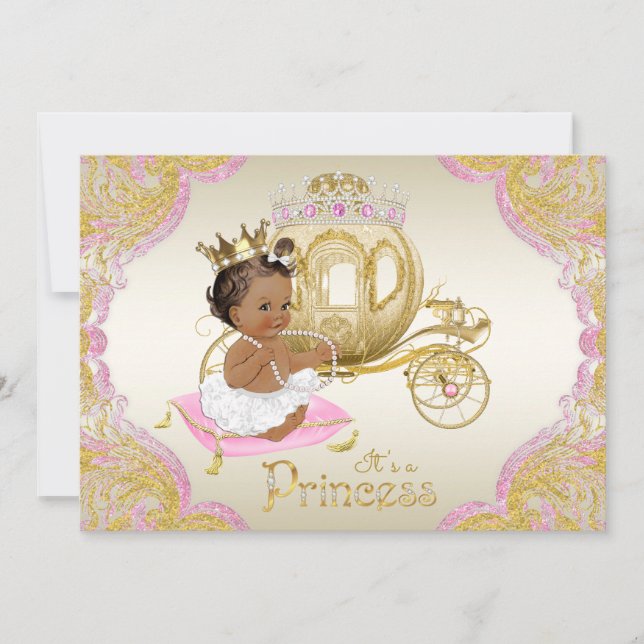 African American Princess Rosa Guld Baby Shower Inbjudningar (Framsida)