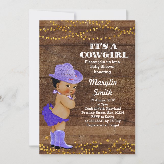 African American Rustic Lila Cowgirl Baby Shower Inbjudningar (Framsida)