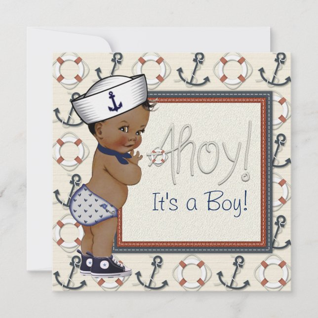 African American Sailor Boy Nautical Baby Shower Inbjudningar (Framsida)
