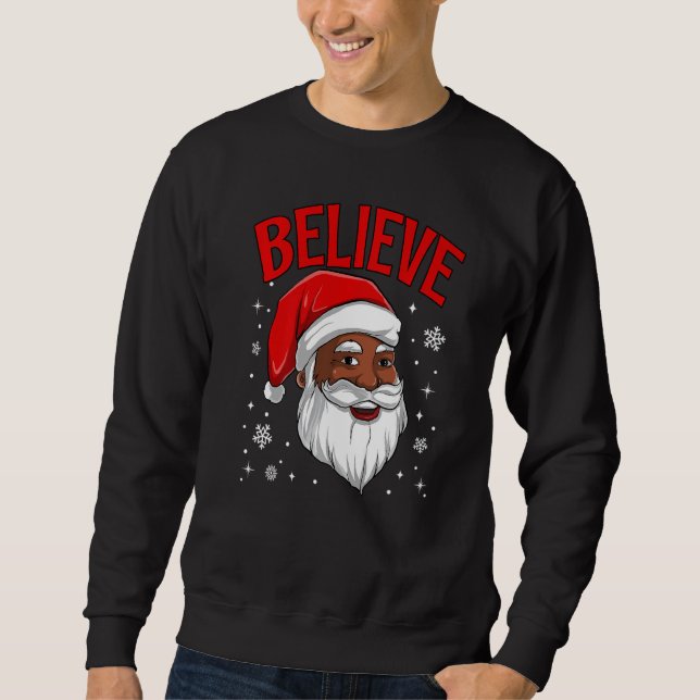 African American Santa Claus Believe Black Afro Xm Lång Ärmad Tröja (Framsida)