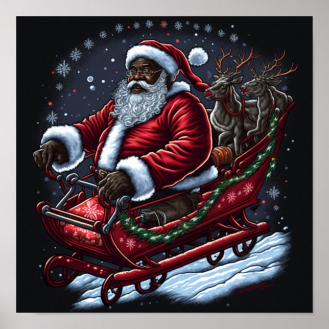 African American Santa Piloting Sleigh Poster (Framsidan)