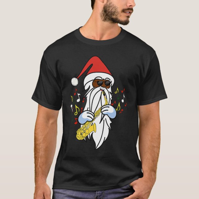 African American Santa Playing the Saxophone Jazz  T Shirt (Framsida)