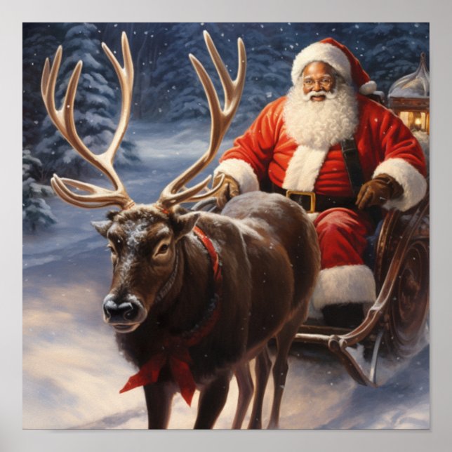 African American Santa Red Bow Reindeer Poster (Framsidan)