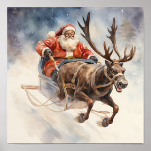 African American Santa Reindeer Flies Sleigh Poster