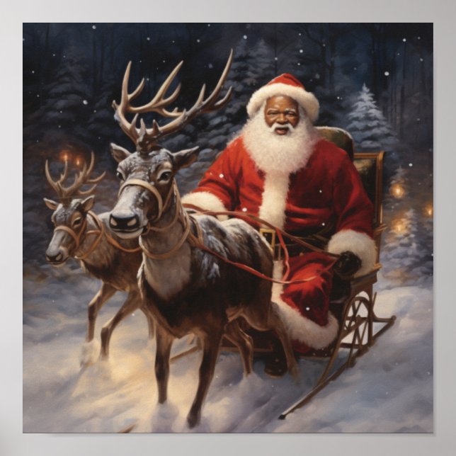 African American Santa Reindeer Game Sleigh Poster (Framsidan)