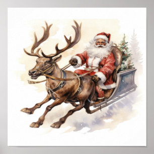 African American Santa Reindeer Sleigh med Träd Poster