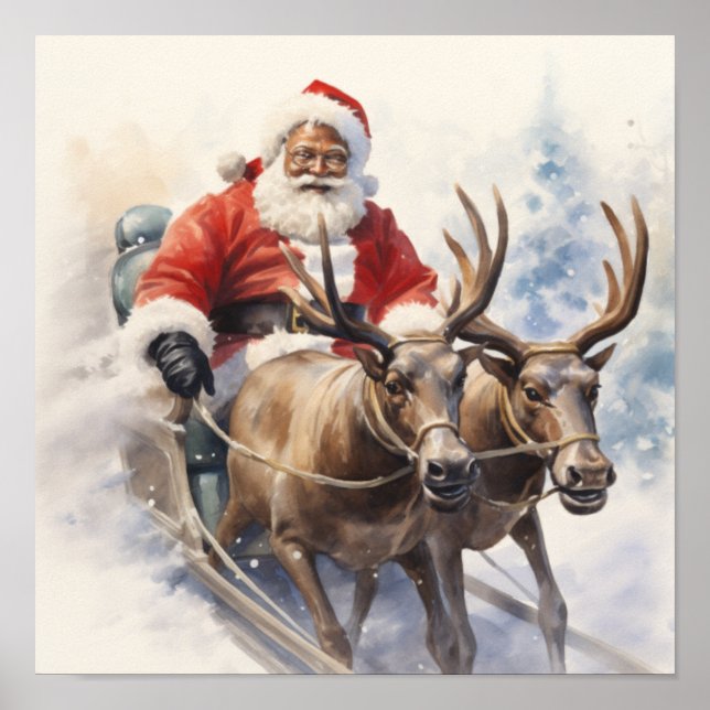 African American Santa Two Reindeer Sleigh Poster (Framsidan)