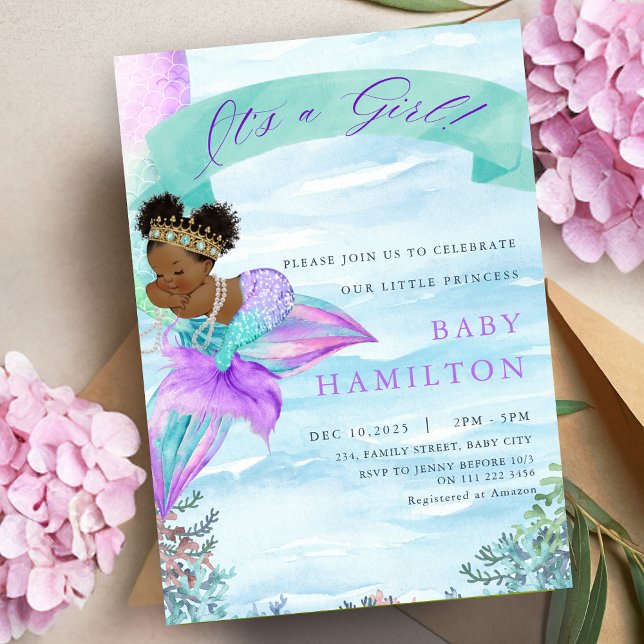 African American Sjöjungfru Baby Shower Inbjudningar (African American Mermaid Baby Shower Invitation)