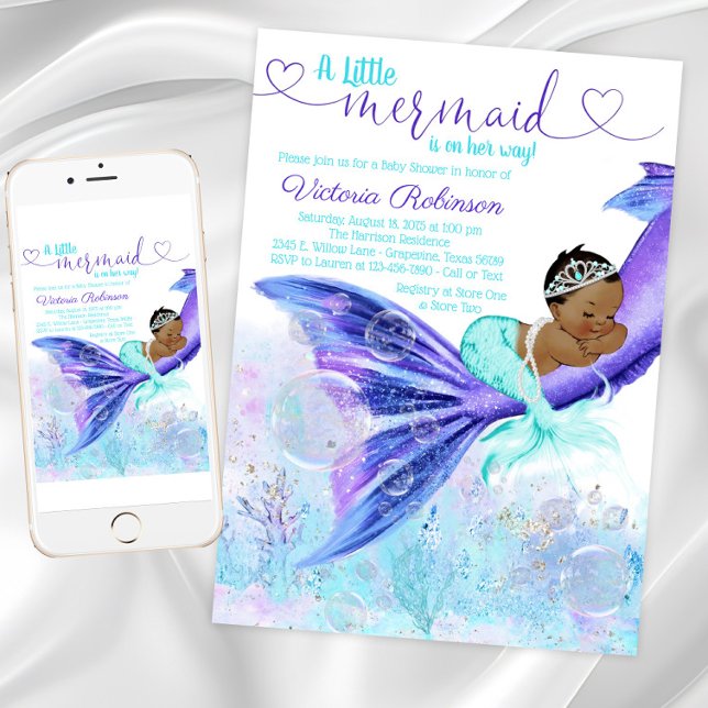 African American Sjöjungfru Baby Shower Inbjudningar (Mermaid baby shower invitation with cute mermaid. Instant download and printed invitations available)