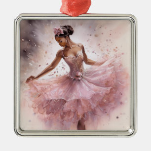 African American SugarPlum Fairy Rosa Blommigt Tut Julgransprydnad Metall