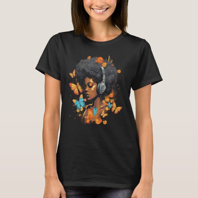 African American Woman Black Girl Headphones Butte T Shirt (Framsida)
