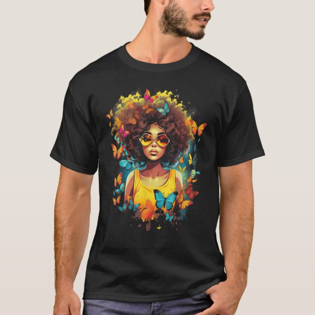 African American Woman Black Girl With Butterflies T Shirt (Framsida)
