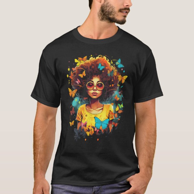 African American Woman Black Girl With Butterflies T Shirt (Framsida)
