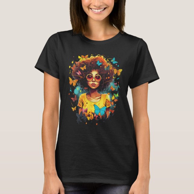 African American Woman Black Girl With Butterflies T Shirt (Framsida)