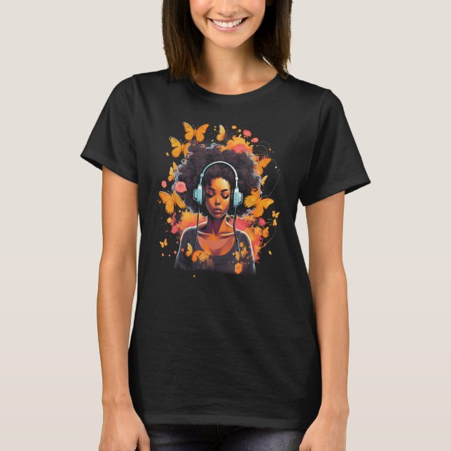 African American Woman Black Girl With Headphones  T Shirt (Framsida)
