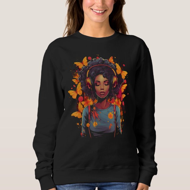 African American Woman Black Girl With Headphones  T Shirt (Framsida)