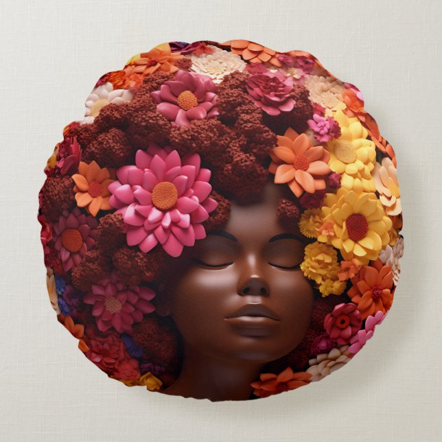 African American Woman Black Queen Melanin Poppin Rund Kudde (Framsidan)