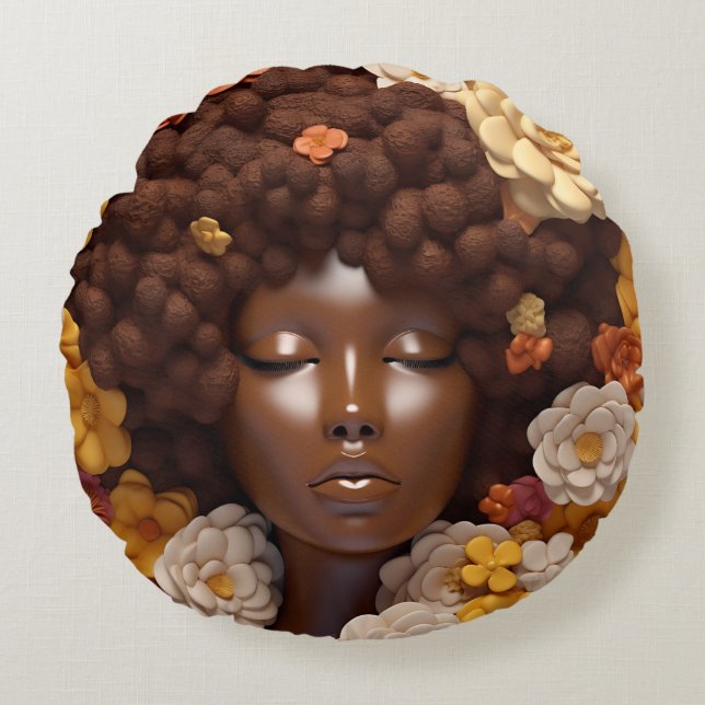 African American Woman Black Queen Melanin Poppin Rund Kudde (Framsidan)