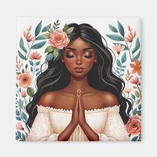 African American Woman Praying Blommigt Art Magnet