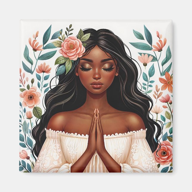 African American Woman Praying Blommigt Art Magnet (Framsidan)