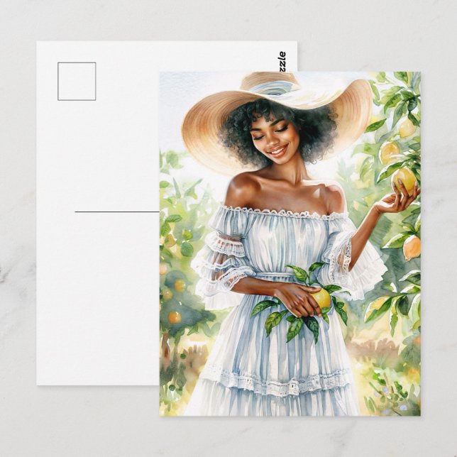 African American Woman Smiling in Lemon Grove Vykort (Fram/baksida)