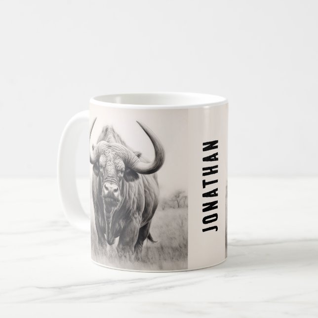 African Buffalo Pencil Teckning Kaffemugg (Framsida vänster)