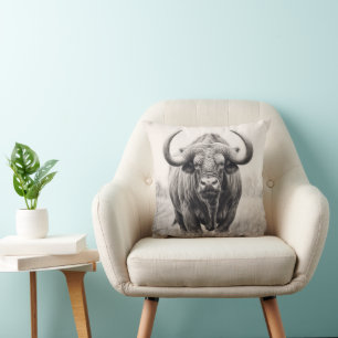 African Buffalo Pencil Teckning Kudde