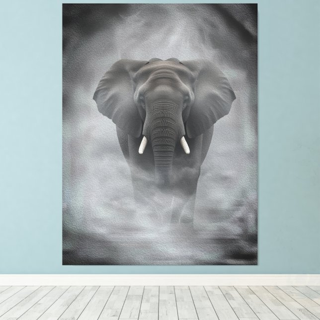 African Elephant in Misty Fog Serene Impasto Canvastryck (Insitu (trägolv))