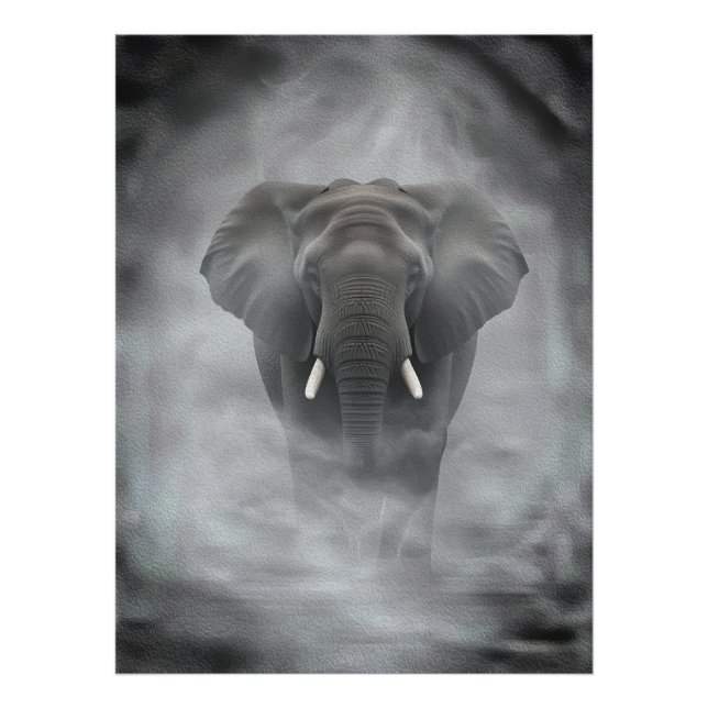 African Elephant in Misty Fog Serene Impasto Fototryck (Framsidan)