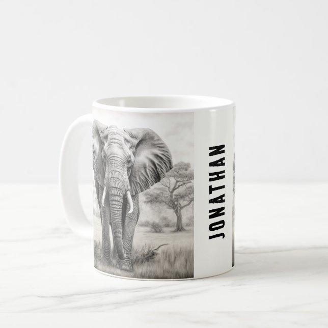 African Elephant Pencil Teckning Kaffemugg (Framsida vänster)