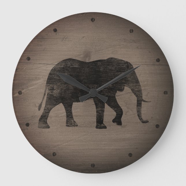 African Elephant Silhouette Rustic Stil Stor Klocka (Framsida)