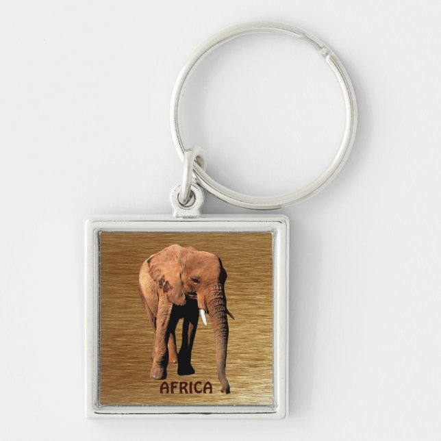 AFRICAN ELEPHANT Wildlife Keychain Fyrkantig Silverfärgad Nyckelring (Framsidan)