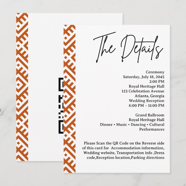 African Ethnic Pattern Border QR  Wedding Detail Tilläggskort (Fram/baksida)