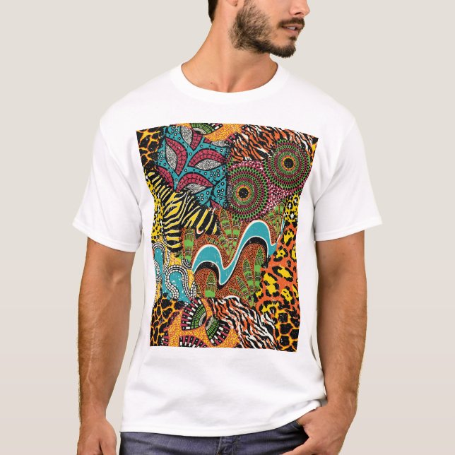 African Fabric: Vild Animal Patchwork. T Shirt (Framsida)