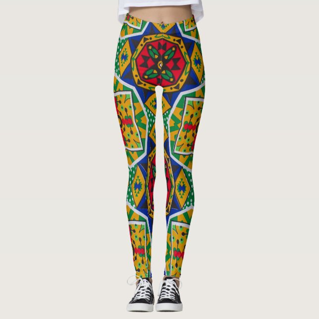 African Geometric Mosaic Ankole Style Textile Prin Leggings (Framsida)