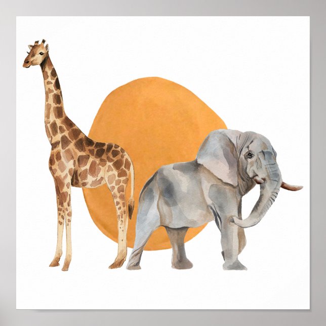 African Giraffe och Elephant Poster (Framsidan)
