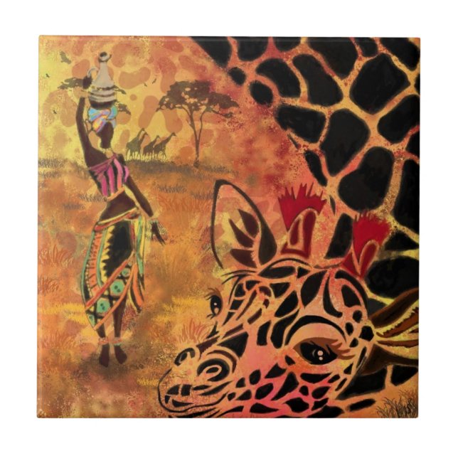 African Girl and Giraffe Ceramic Tile Friends Kakelplatta (Framsidan)