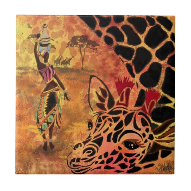 African Girl and Giraffe Ceramic Tile Kakelplatta (Framsidan)