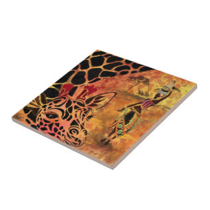 African Girl and Giraffe Ceramic Tile Kakelplatta